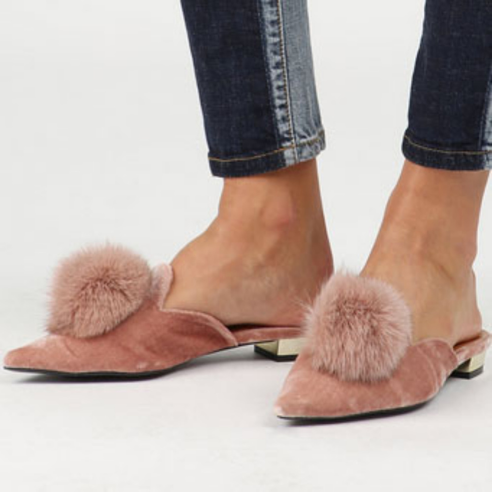 NEW POL blush pink velvet mules with fur pom pom - Picture 2 of 2